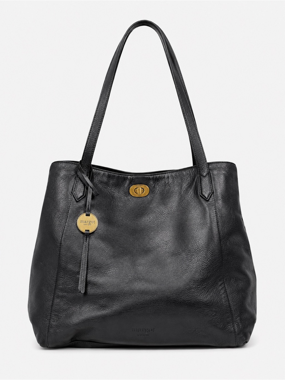 Margot New York Black Leather Tote Bag Large Shoulder Purse Turn Lock Shopper
